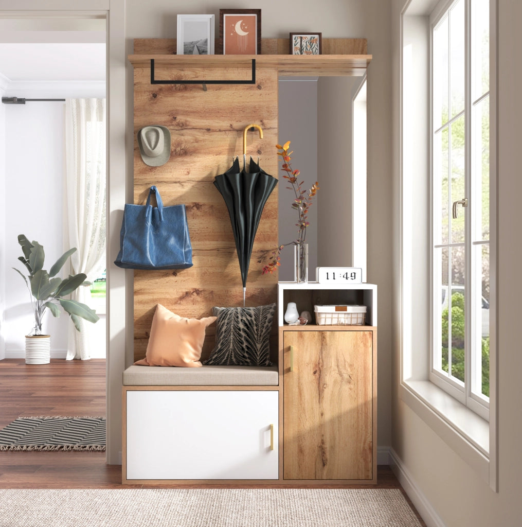 Set guardaroba ingresso bianco e legno con specchio e scarpiera