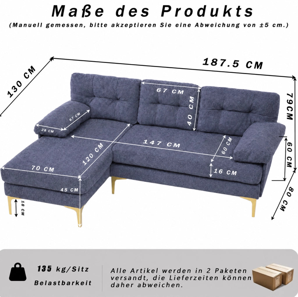Divano ad angolo a 3 posti 187,5 cm in tessuto Chenille blu con braccioli imbottiti e piedini in metallo