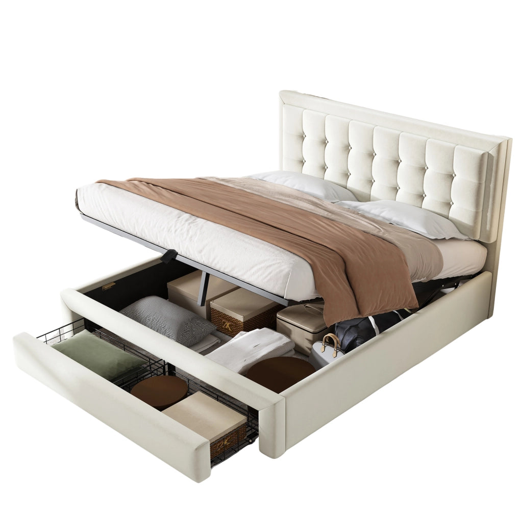 Letto in velluto beige con testiera regolabile e cassetti
