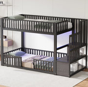 Letto a castello basso 90x200 cm con LED e scala contenitore in MDF e metallo nero
