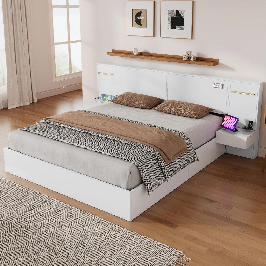 Letto matrimoniale 180x200 cm bianco con USB, Bluetooth e LED