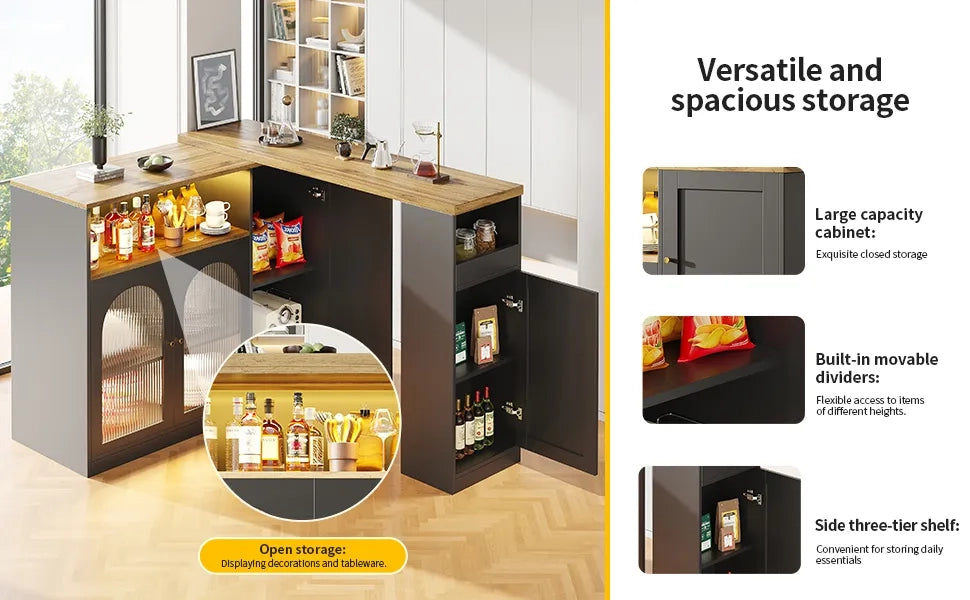 Bar Girevole 360° 198x39,6x97 cm, Mobile Nero Opaco con Scrivania Effetto Legno, Ante Vetro e LED, Sideboard Cantinetta Angolo Caffè