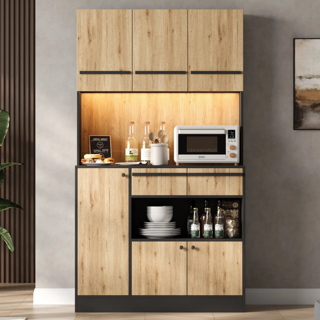 Armadio da cucina alto con illuminazione LED, 2 cassetti e ripiani regolabili, vetrina per soggiorno e sala da pranzo, 100x40x180 cm