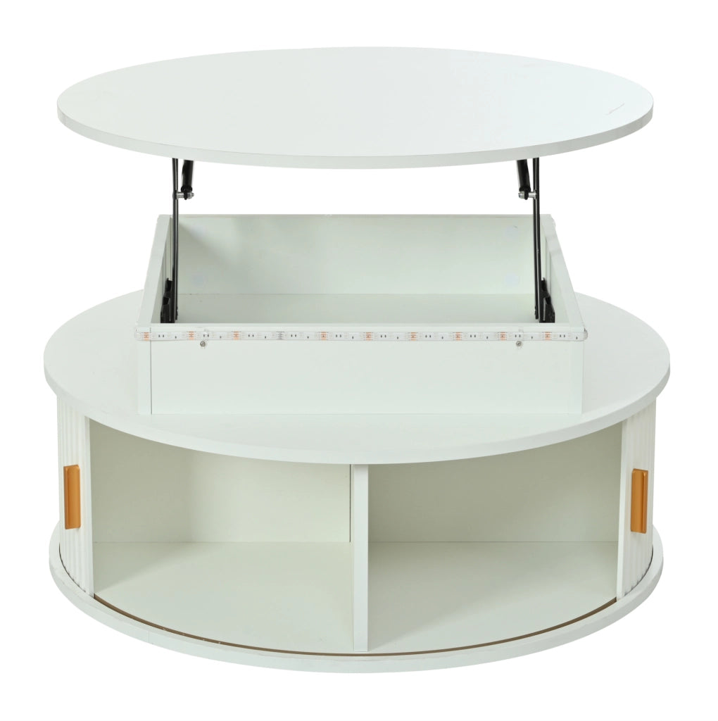 Tavolino rotondo elevabile 75 cm bianco con LED, vano contenitore e serrande