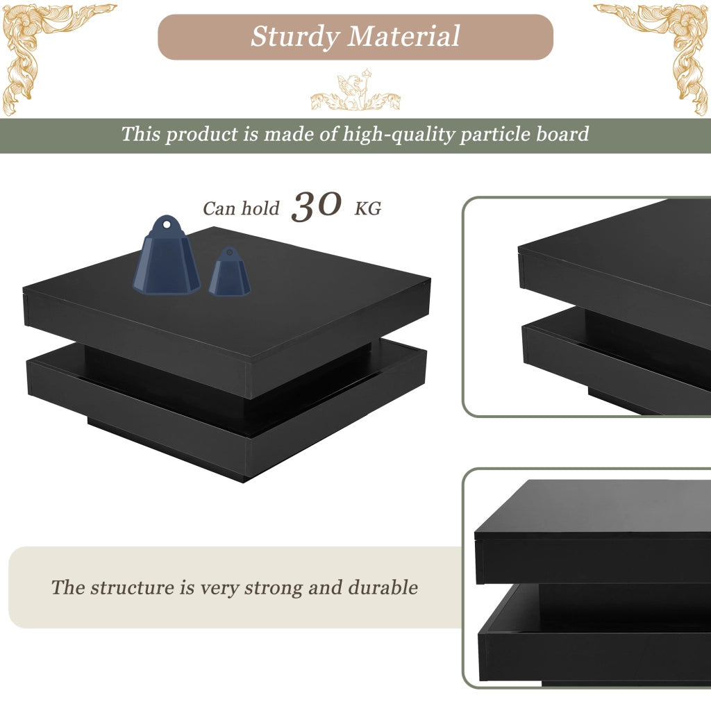 Desviae Tavolino basso quadrato con LED controllati tramite app Bluetooth in pannello truciolare nero 70 × 70 × 36 cm