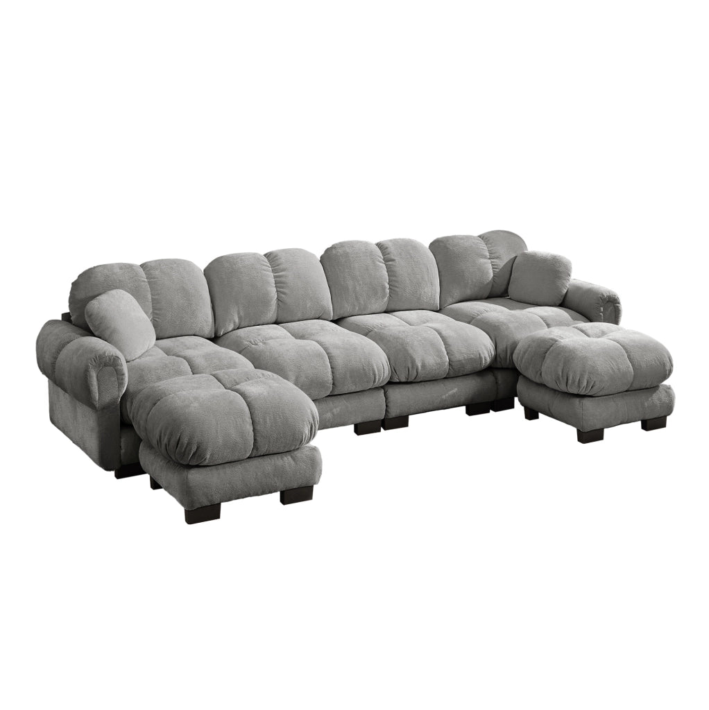 Divano modulare a U 4 posti 330x149x90 cm in ciniglia grigio chiaro, 2 pouf
