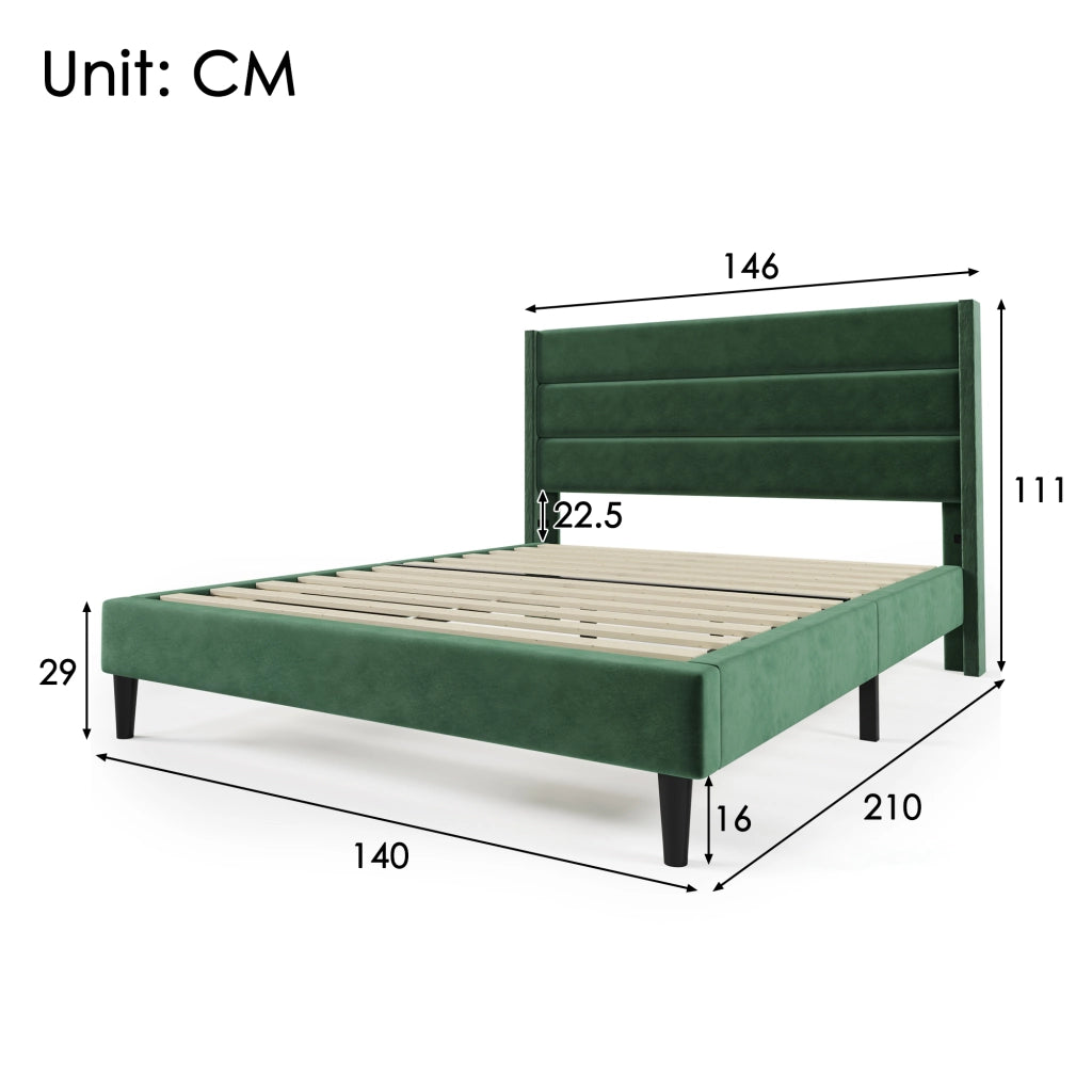 Letto imbottito 140 × 200 cm con rete a doghe e materasso a molle insacchettate; velluto verde scuro