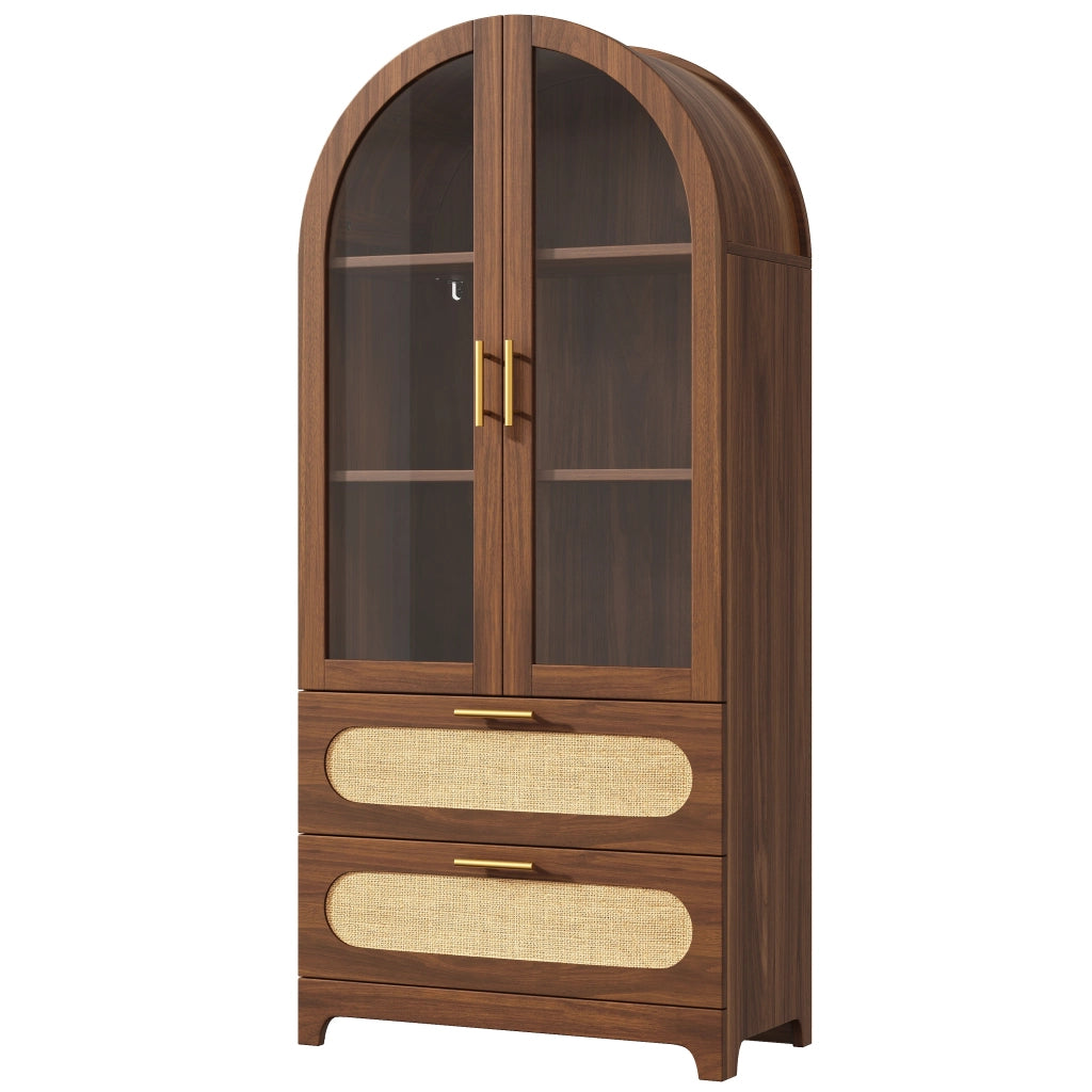 Vetrina, libreria, arco in vetro, 2 cassetti, ripiani regolabili, color noce
