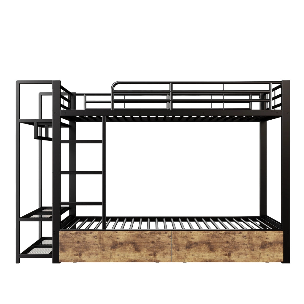 Letto a castello 90x200 cm in metallo e MDF nero con LED; cassetti e mensole