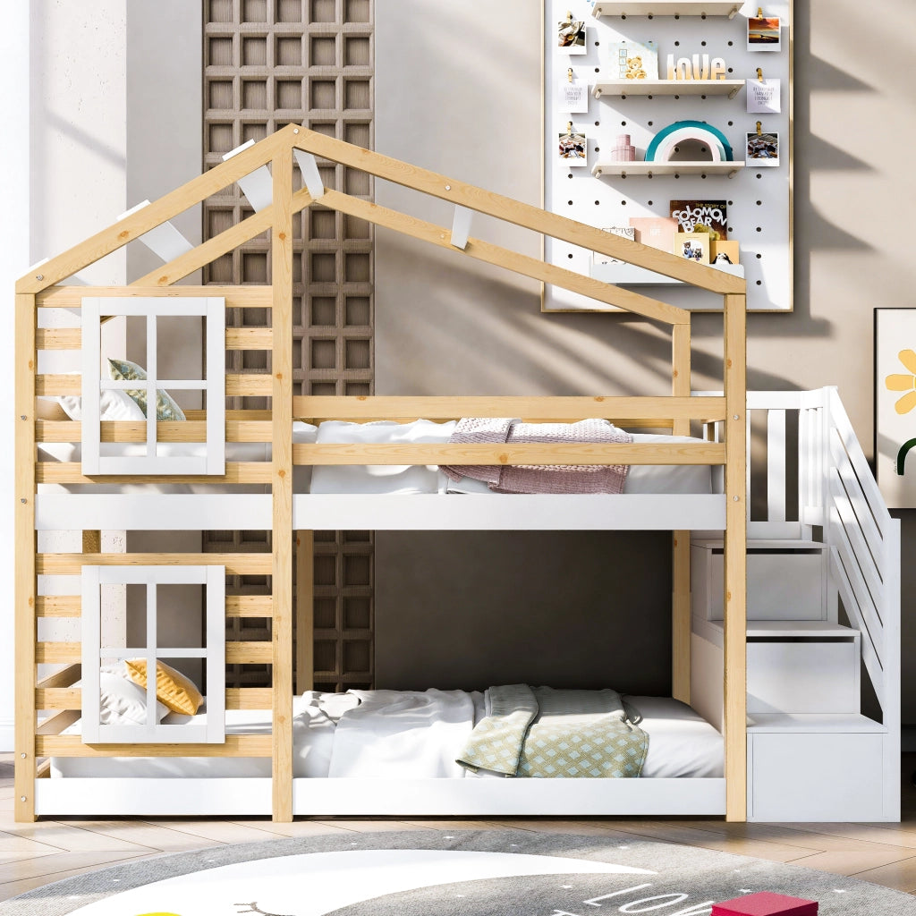 Letto a castello per bambini 90x200 cm a casetta con design ad albero; cassetti contenitore; legno massello e MDF; bianco e naturale