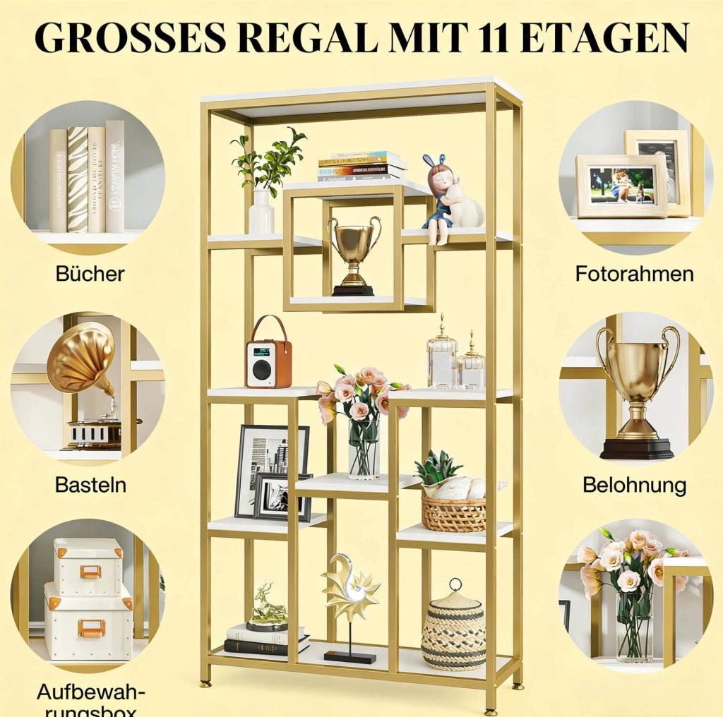 Libreria a Giorno Dorata con Design Geometrico a Cubo, 11 Ripiani, Mobile Espositivo per Libri e Piante