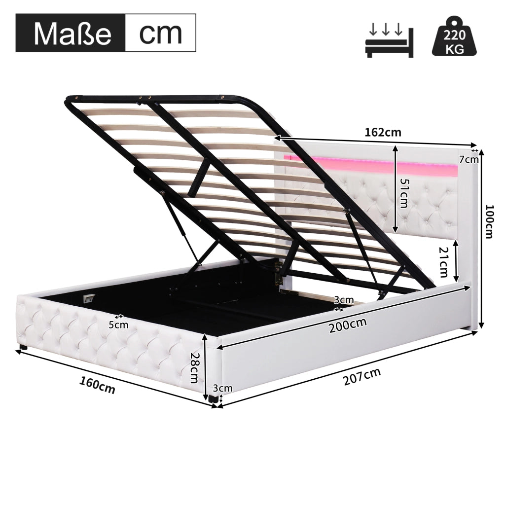 Letto matrimoniale imbottito 160 × 200 cm con contenitore LED in PU bianco rete a doghe e testiera alta