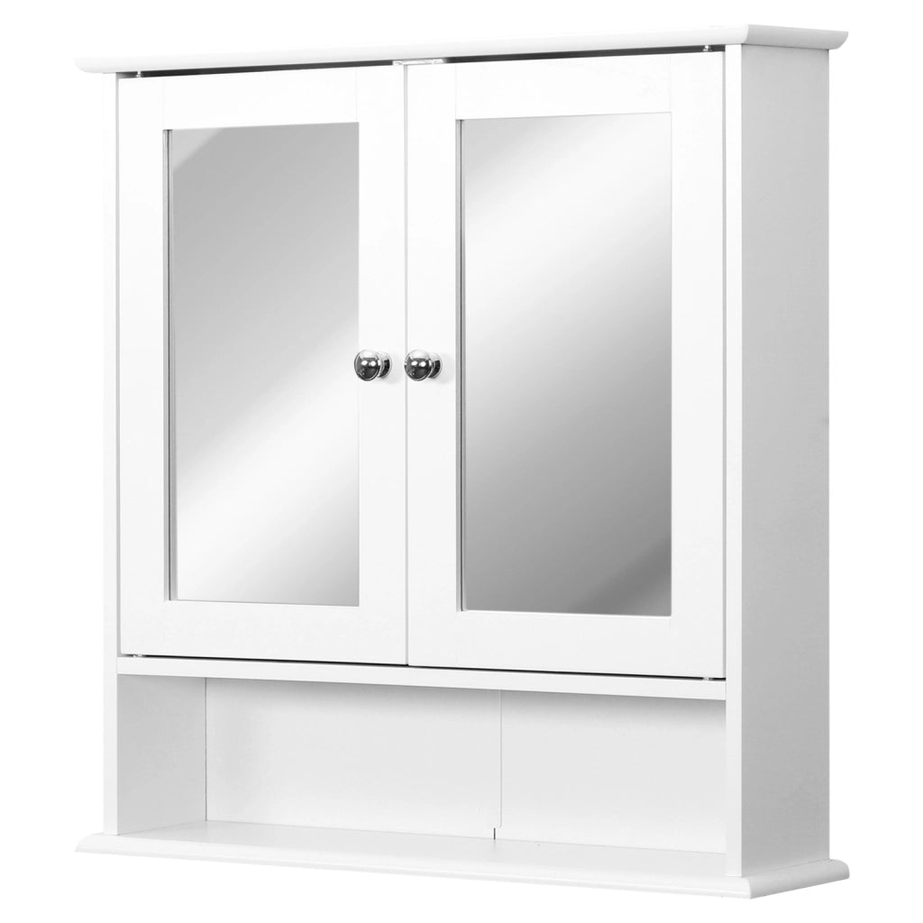 Specchio Bagno Contenitore con Ante e Ripiani Regolabili, Specchiera Bagno in Vetro, Mobiletto Armadietto a Muro con Specchio, 56x13x58cm, Bianco