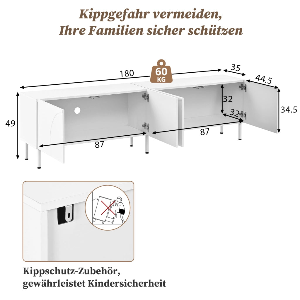 Mobile TV a quattro ante con linee curve tridimensionali in MDF e pannello truciolare bianco 180 × 35 × 49 cm
