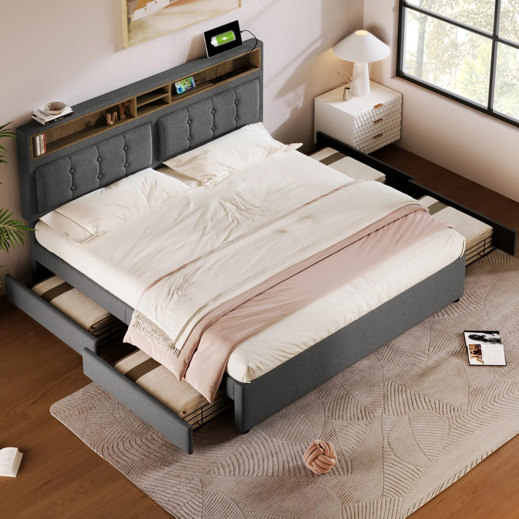 Letto imbottito 140x200 cm grigio con 4 cassetti e USB-C