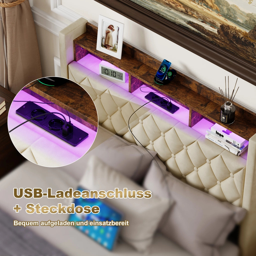 Letto contenitore imbottito 140x200 cm con luce LED; presa elettrica e porta USB; velluto; beige; senza materasso