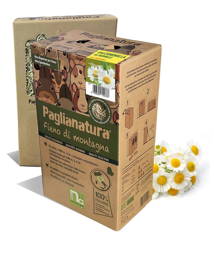 Dispenser Fieno di Montagna 600gr con Camomilla - Mangime Naturale per Conigli e Roditori, con Dosatore Pratico e Aromaterapia