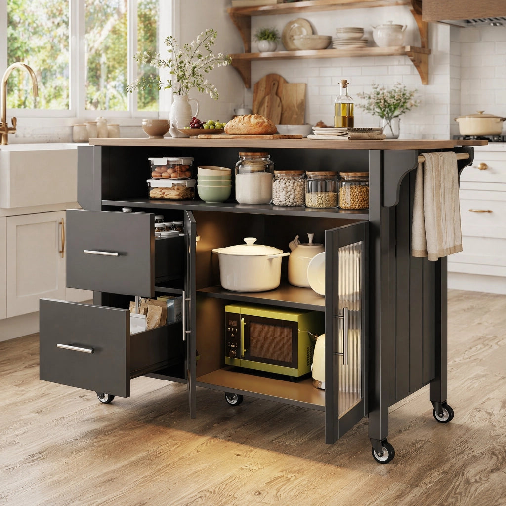 Carrello da cucina con piano pieghevole; 2 cassetti; anta in vetro ondulato; LED; ruote e portaasciugamani nero