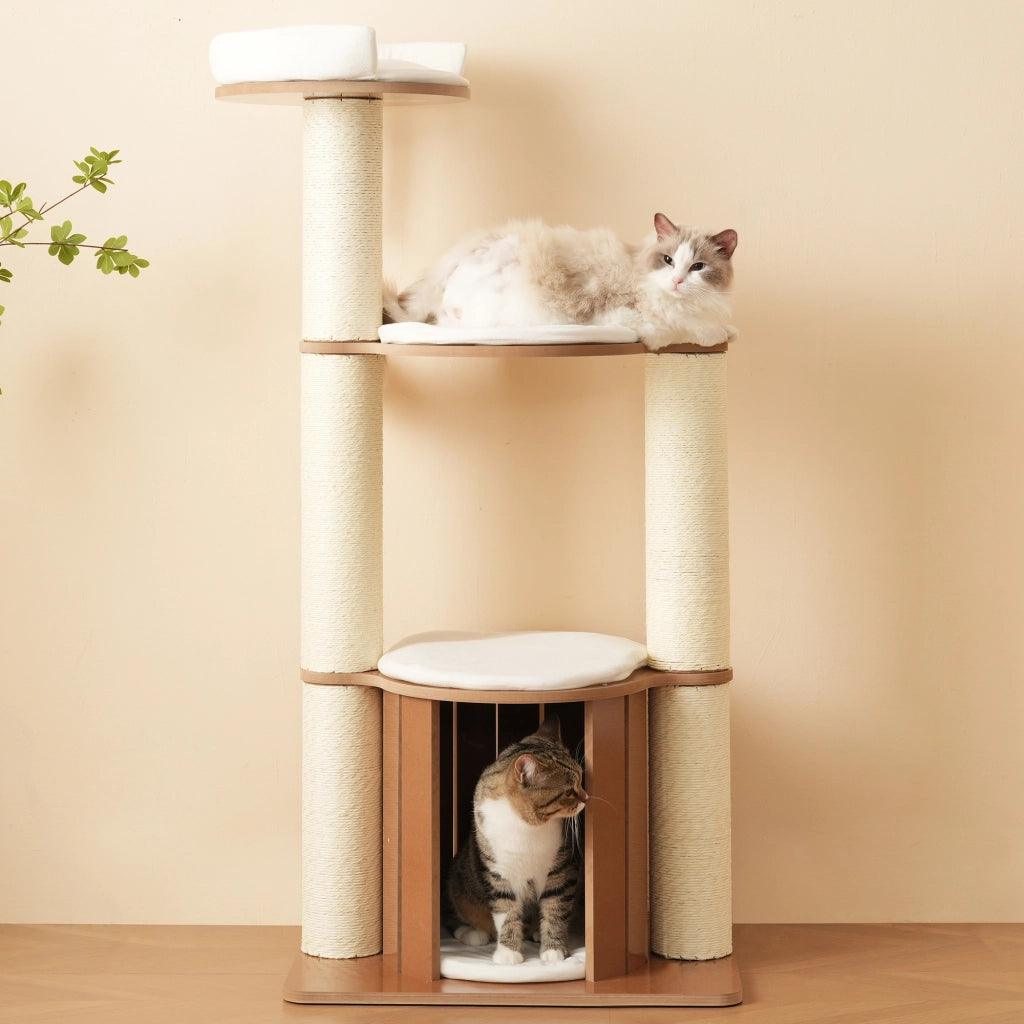 Tiragraffi per gatti a 3 livelli con cuccia colonne da 12 cm cuscini rimovibili MDF marrone bianco 60 × 48 × 135 cm