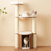 Tiragraffi per gatti a 3 livelli con cuccia colonne da 12 cm cuscini rimovibili MDF marrone bianco 60 × 48 × 135 cm