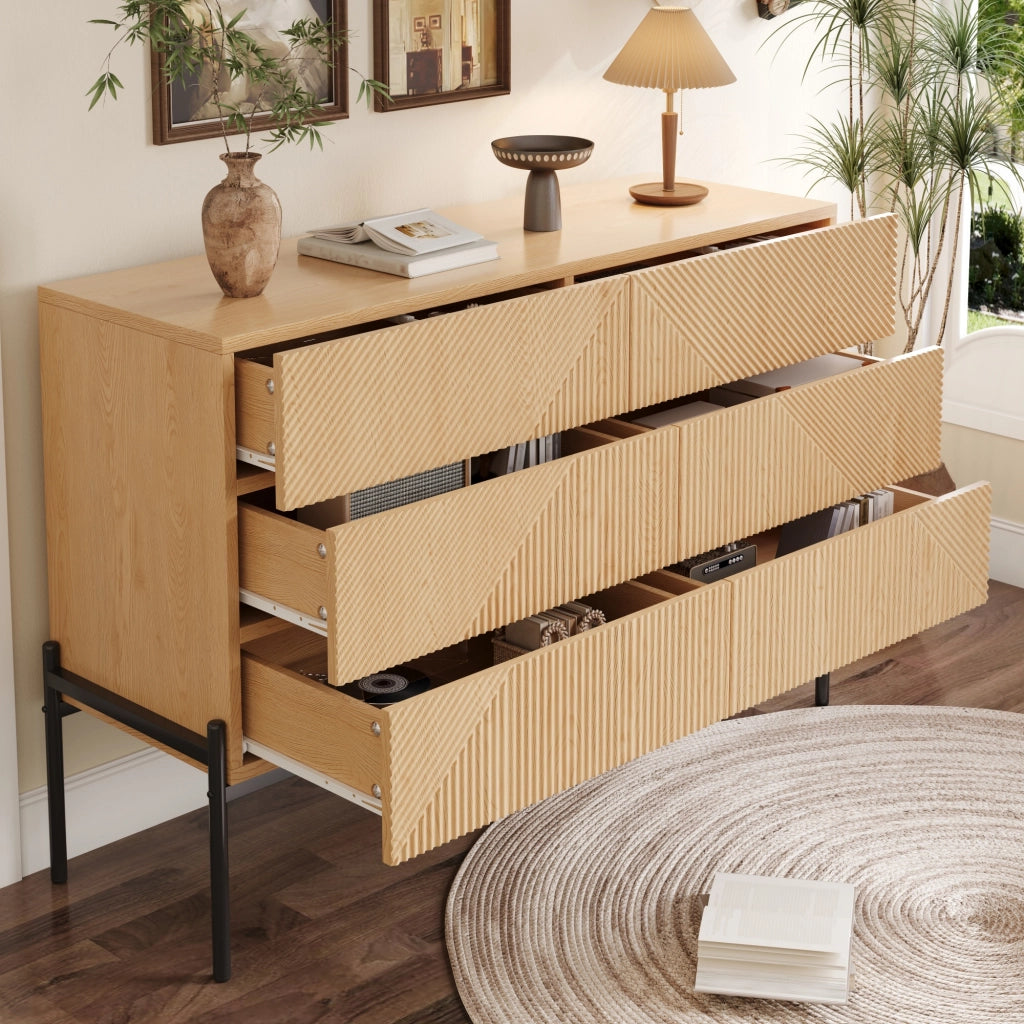 Credenza moderna con sei cassetti; 115;5 cm; struttura geometrica; MDF; color naturale