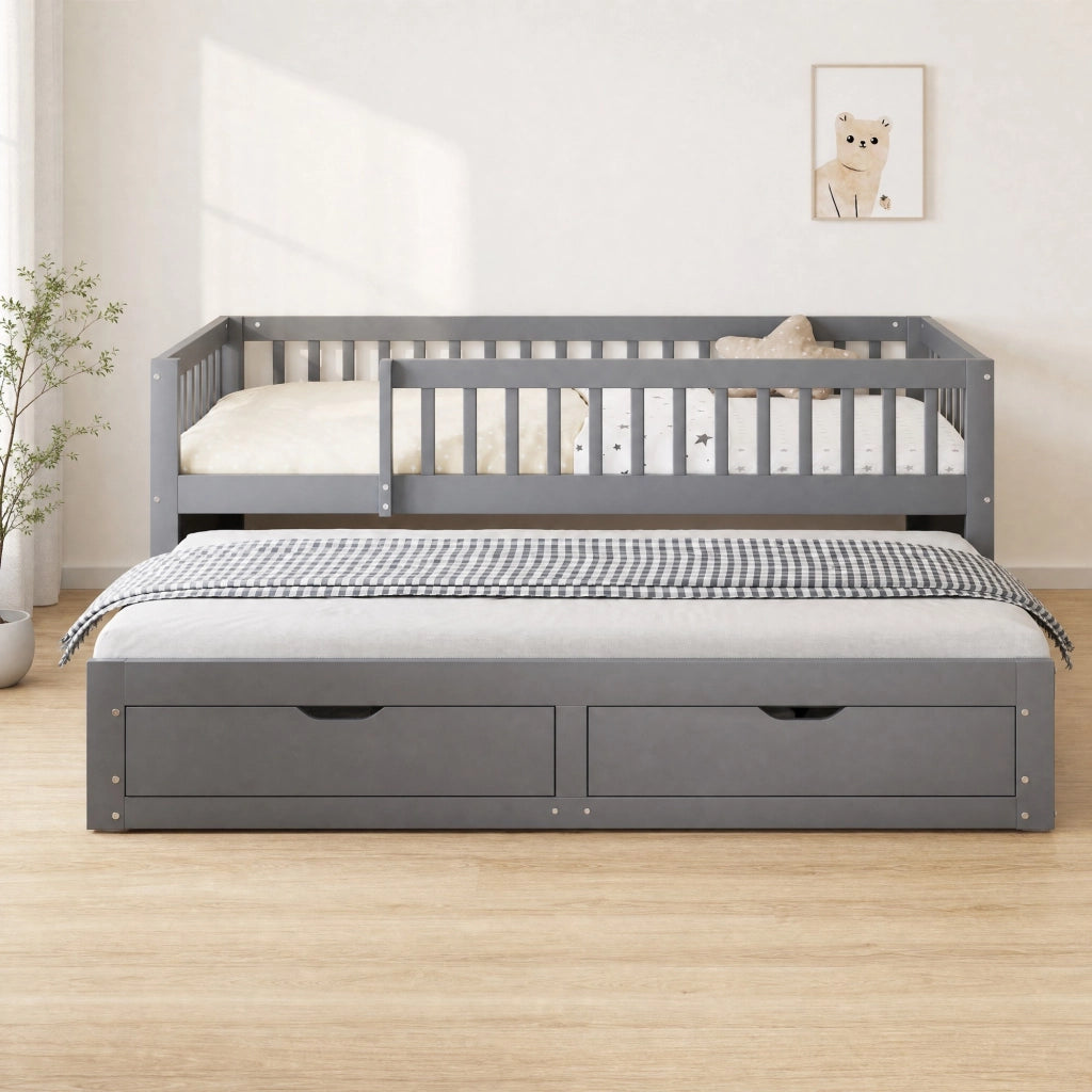 Letto con letto estraibile 90 × 200 cm due posti letto con due cassetti in legno grigio con rete a doghe