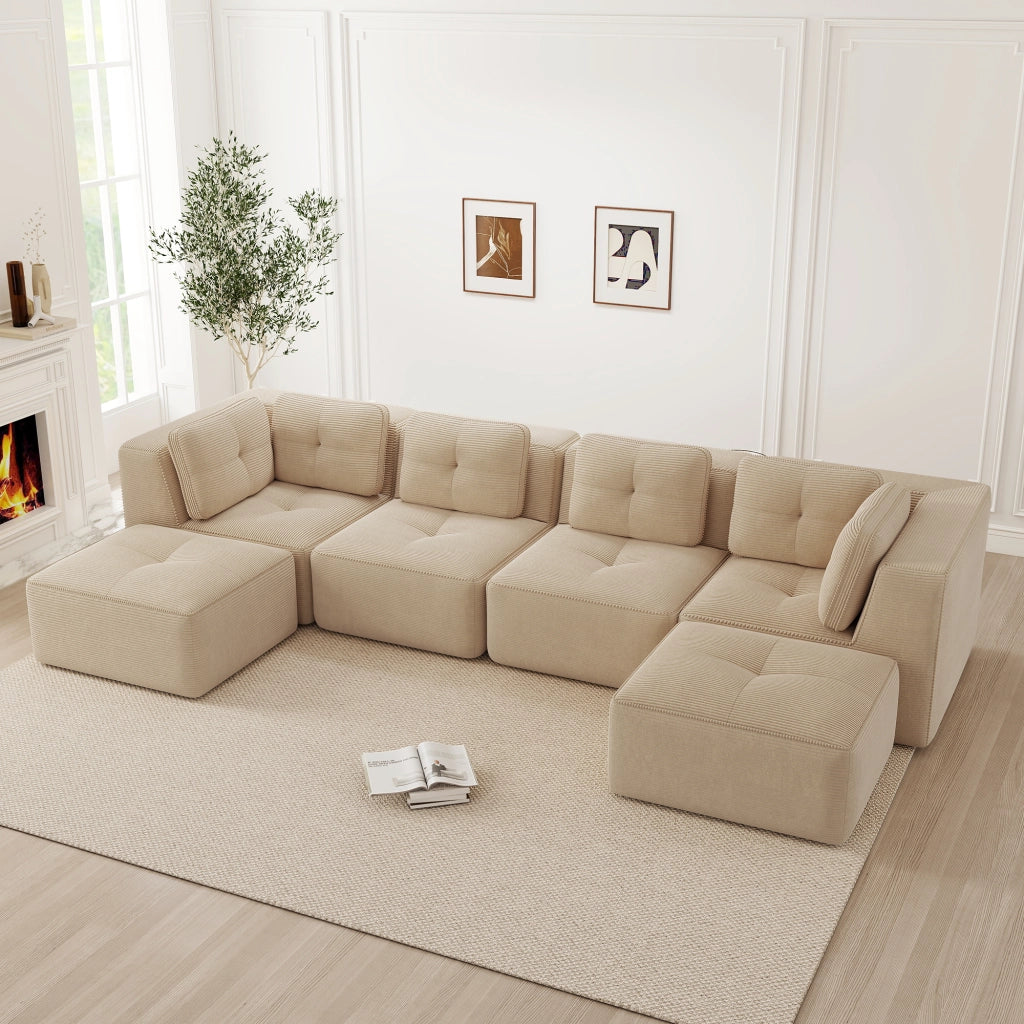 Divano angolare modulare senza montaggio con base antiscivolo e braccioli larghi in velluto a coste beige