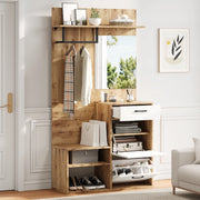Set ingresso con specchio, panca portascarpe e armadi in truciolare bianco con ampio spazio