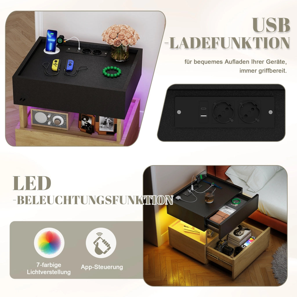Comodino con ricarica senza fili, porte USB, LED e 2 cassetti bicolore per camera da letto, 50 × 40 × 50 cm