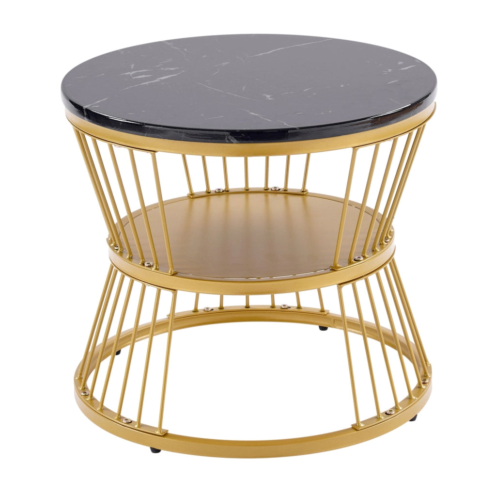 Set di 2 tavolini nesting rotondi in MDF effetto marmo nero; struttura oro