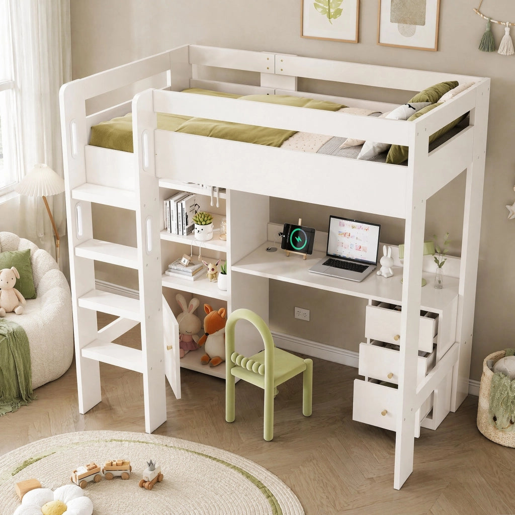 Letto a soppalco singolo 90 × 200 cm con scrivania, USB e Type-C, armadio, cassetti e struttura bianca
