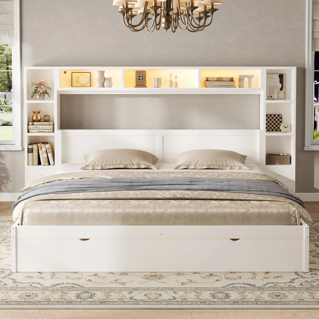 Letto Contenitore Imbottito 180x200 cm con Cassetti; LED; Bianco