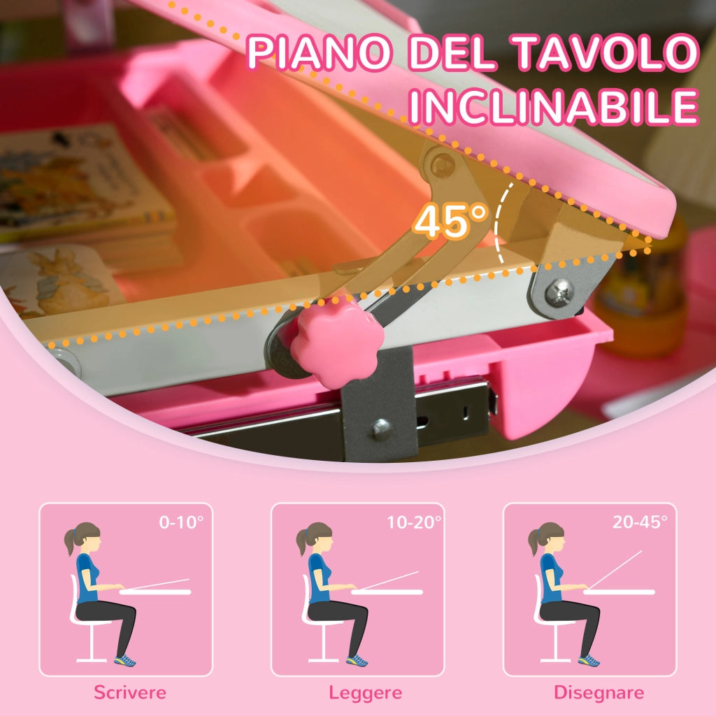 Banco Scuola per Bambini 6-12 Anni con Sedia e Altezza Regolabile, Piano Inclinabile, 66x47x52-77 cm, Rosa