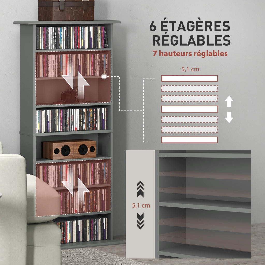 Libreria per CD e DVD ¨C Minimal ¨C 8 compartimenti, 6 ripiani regolabili, grigio