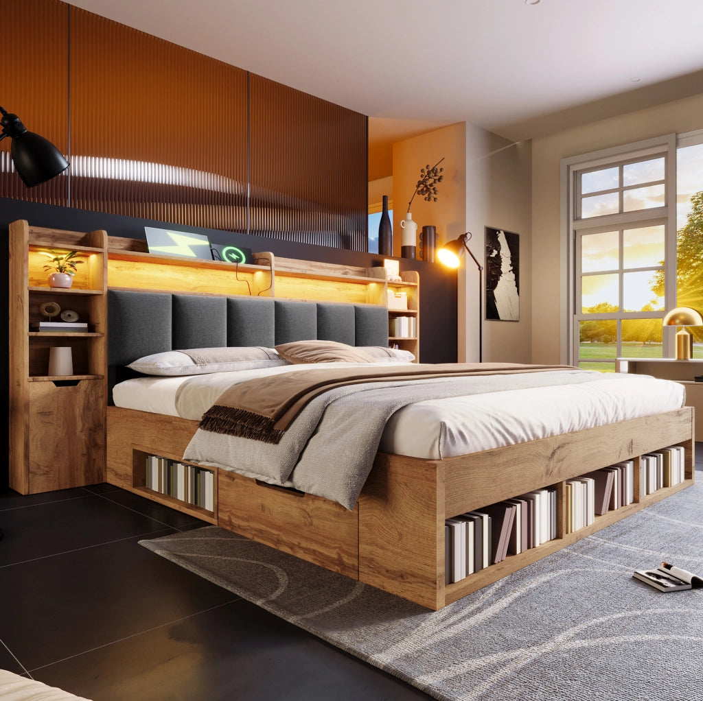 Letto matrimoniale 180x200 cm in rovere con testiera imbottita e illuminazione LED, comodini con porte USB e cassetti con ruote, rete a doghe in legno senza materasso