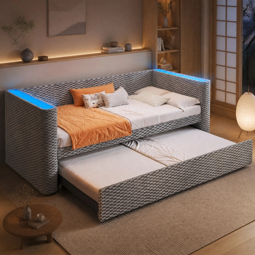 Divano letto 90 × 200 cm estensibile fino a 180 × 200 cm con LED multicolore in velluto grigio e MDF