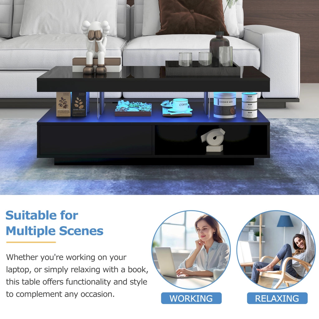 Tavolino da salotto 95x50x42;5 cm con LED Bluetooth; 2 cassetti e 2 vani; nero in truciolare