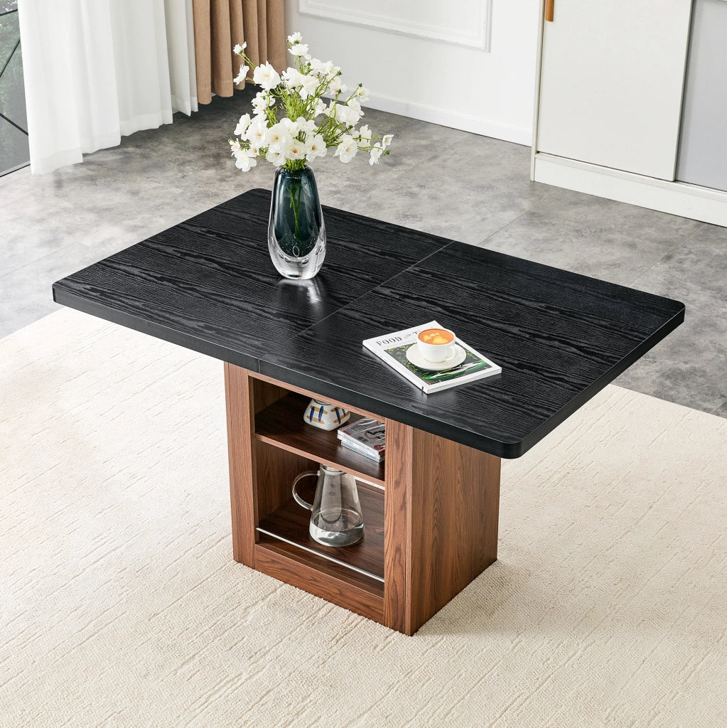 Tavolo da pranzo allungabile con ripiano, piano effetto legno nero, struttura color noce, 130-160 cm