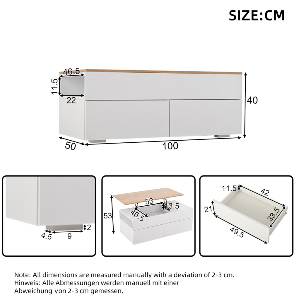 Tavolino da caffè sollevabile 100x50x40 cm con 2 cassetti; bianco e effetto legno