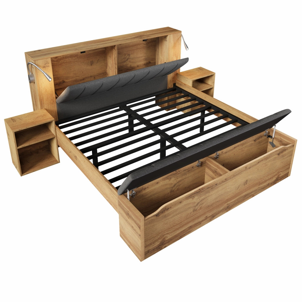 Letto matrimoniale 180x200 cm in legno con testiera reclinabile in lino, due comodini, panca contenitore e lampade da lettura con porta USB, finitura rovere