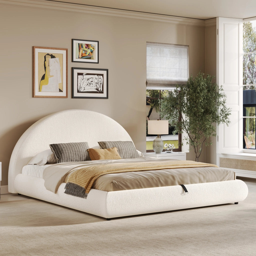 Letto contenitore 160x200 cm; matrimoniale con contenitore idraulico; rete a doghe; testiera capitonné; bouclé; bianco