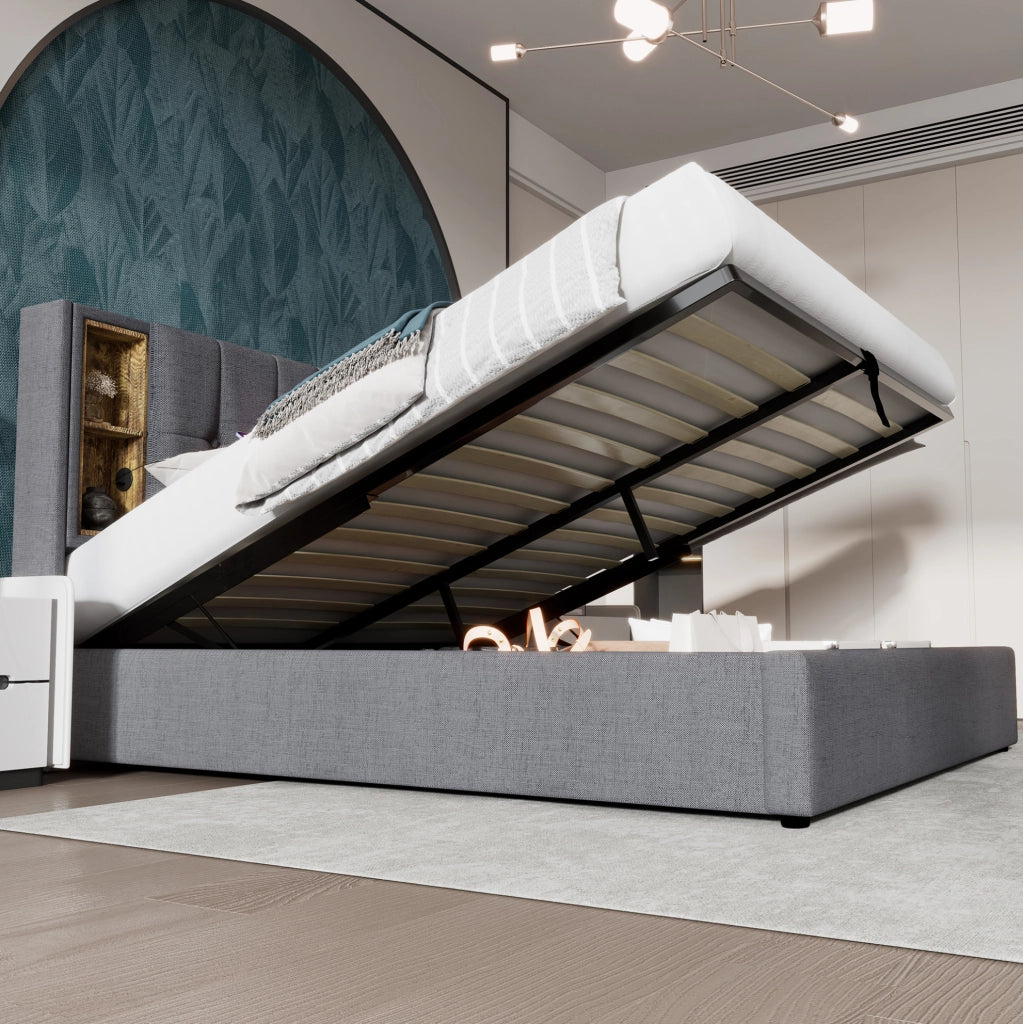 Letto imbottito 140x200 cm con contenitore; ricarica wireless; USB e Type-C; grigio