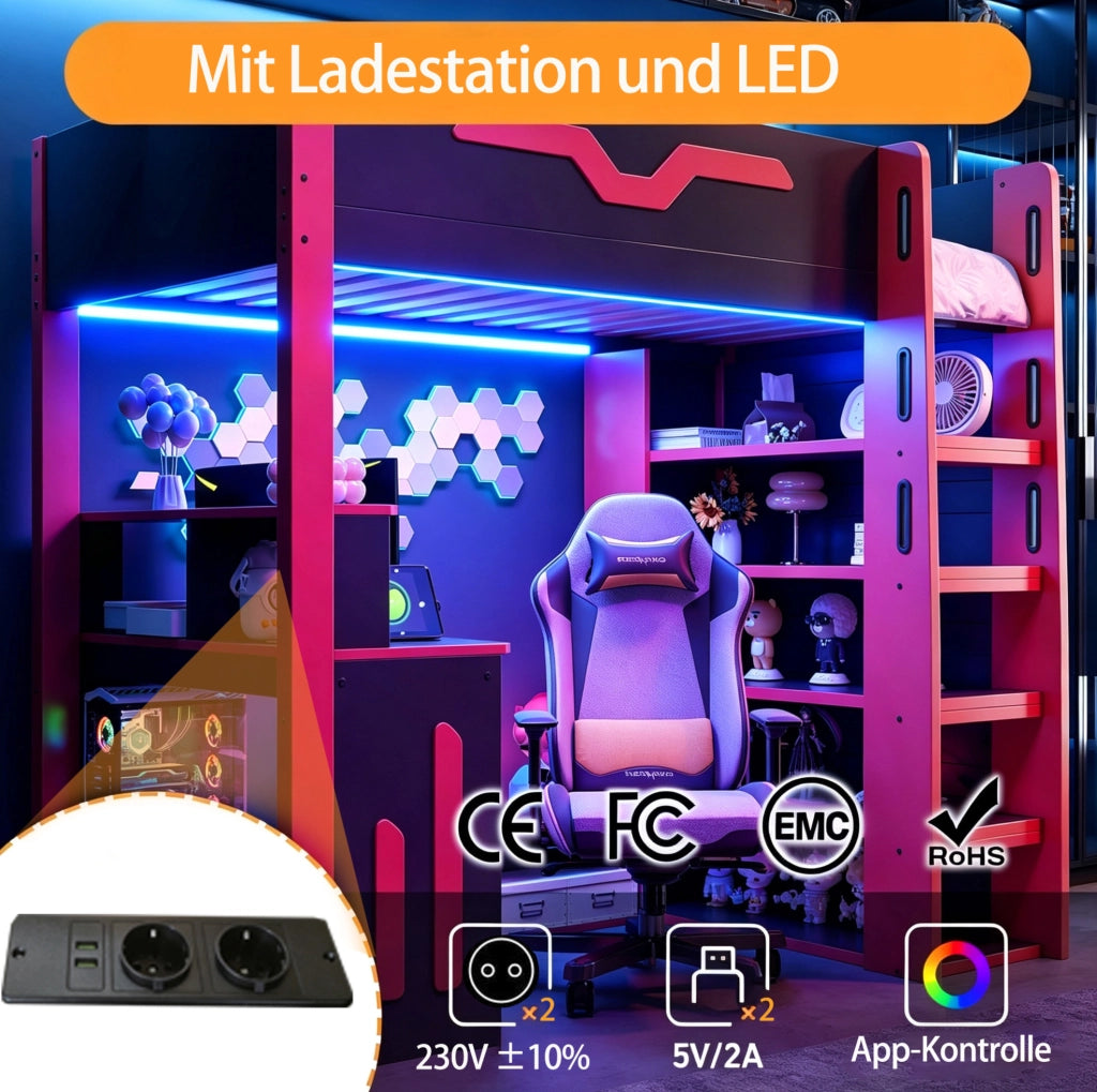 Letto a soppalco in legno 90x200 cm con scrivania, scaffalatura a più livelli, illuminazione LED e scala con contenitore, nero e rosso
