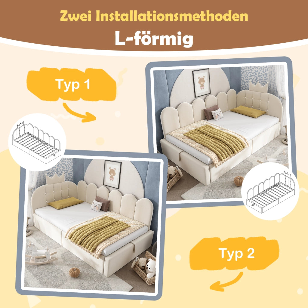 Letto contenitore 90 × 200 cm daybed a L con testiera imbottita in velluto e rete idraulica beige