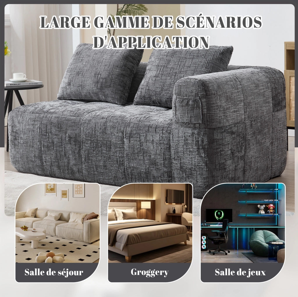 Divano per 2 persone con chaise lounge, tessuto chenille grigio, cuscino incluso e tasche laterali