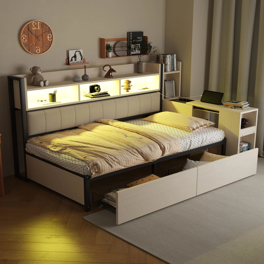 Letto divano singolo 90×200 cm con 2 cassetti; scrivania estraibile e prese integrate; senza materasso; bianco