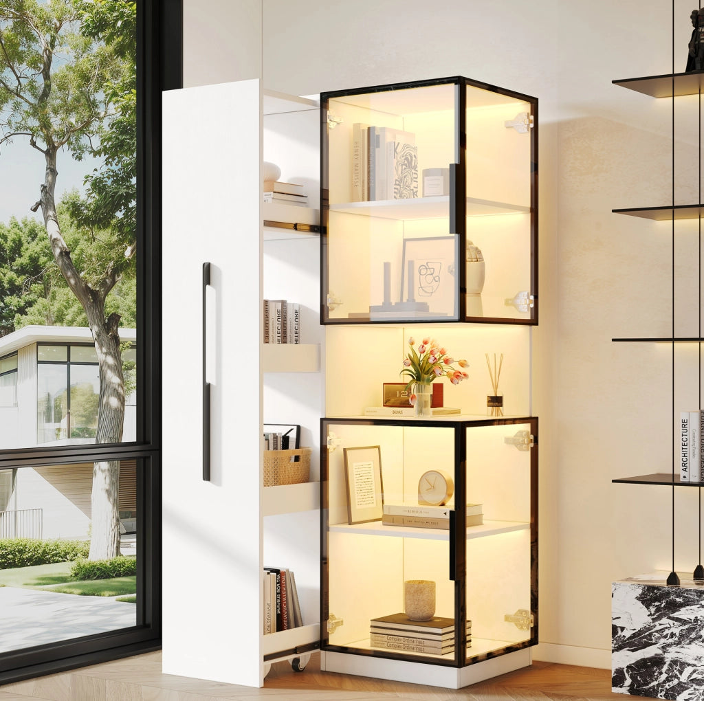 Vetrina 70x38x160 cm con ripiani estraibili e LED multicolore in MDF bianco