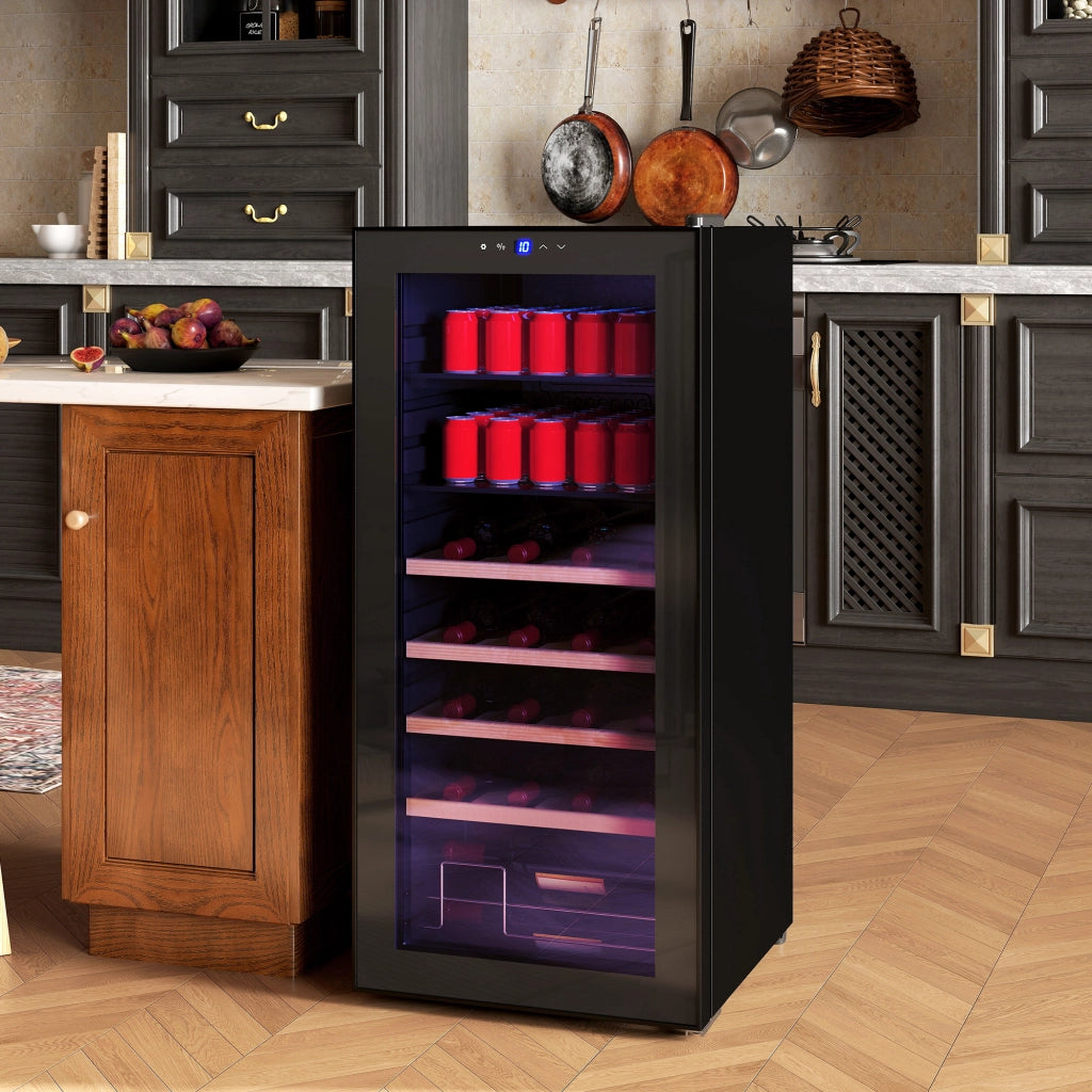 Cantinetta frigo per vino nera 92L con ripiani regolabili, 20 bottiglie e 50 lattine, silenziosa, per casa e bar, 43x45x94 cm