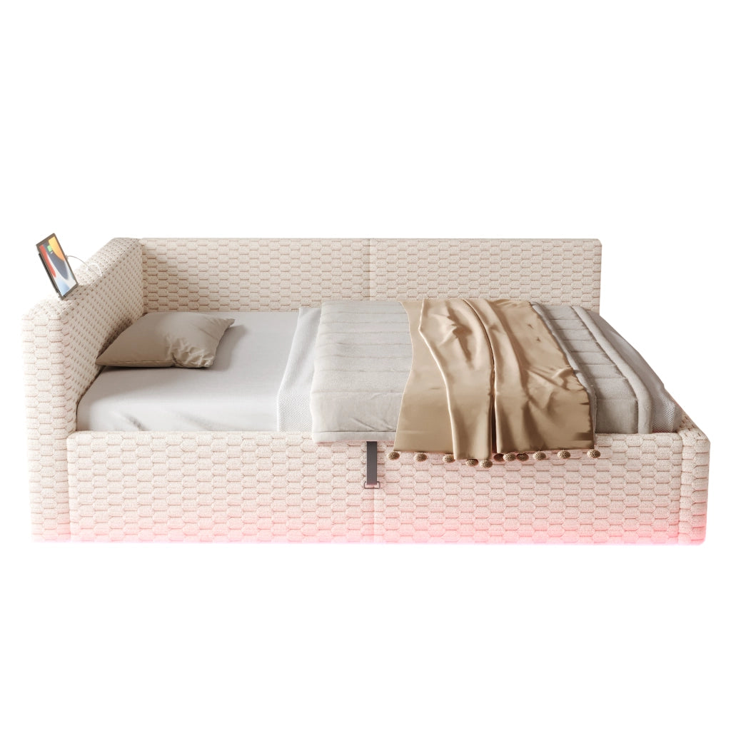 Letto imbottito 140x200 cm con vano contenitore; LED; USB e Type-C; velluto beige
