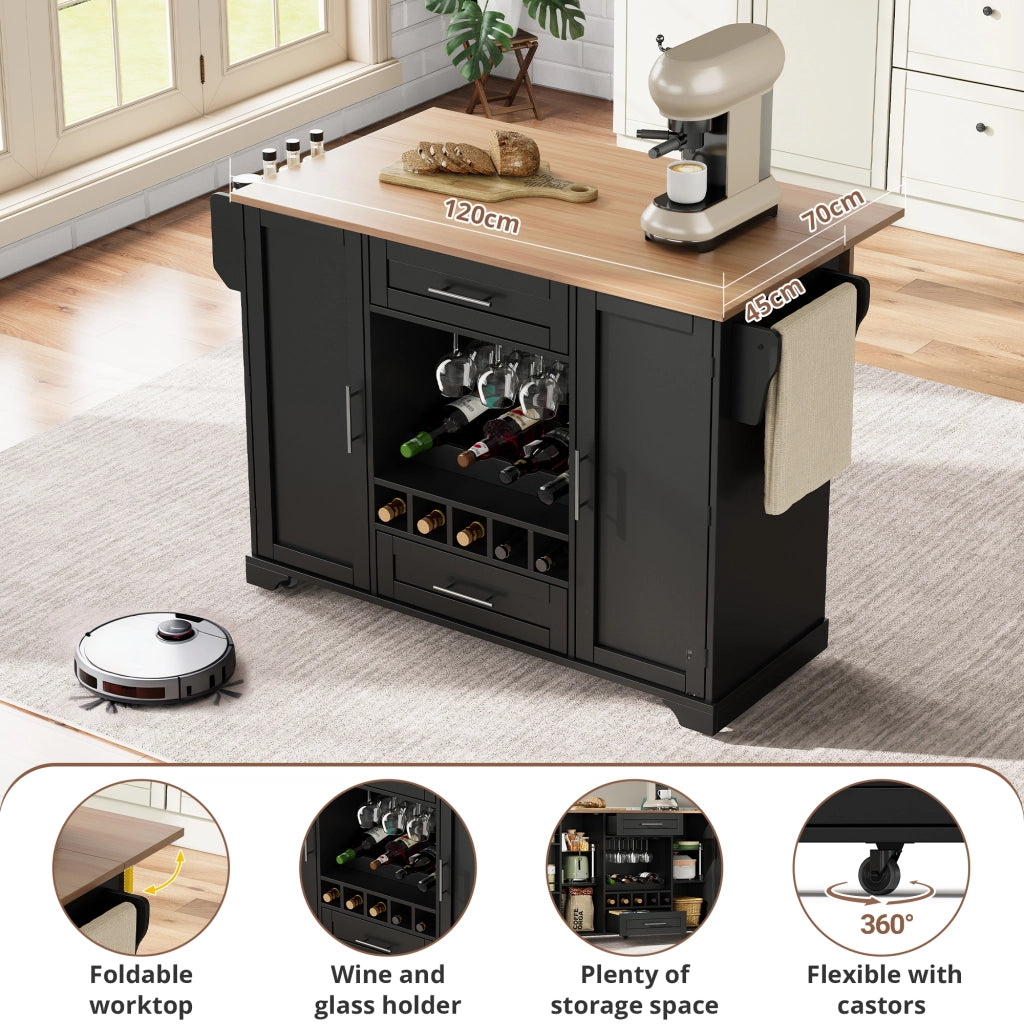 Carrello da cucina con piano pieghevole; 2 armadi; 2 cassetti; portabottiglie; portabicchieri e ruote